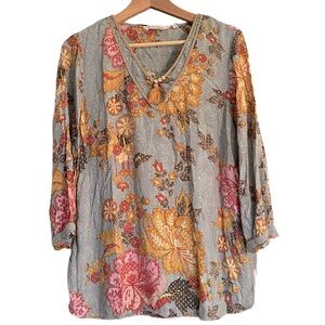 Soft Surroundings Top Large Floral Tassel Balloon Sleeve Peasant Blouse